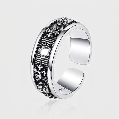 Anillo Abierto de Plata Tailandesa Vintage de Ley 925 para Hombre Mujer con Corona Gótica y Patrón de Cruz Joyería Punk Oxidada