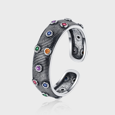 Vintage 925 Sterlingsilber Bunte Zirkonia Offener Ring Für Damen Bohemian Gebürstet Oxidiert Verstellbarer Fingerring Schmuck