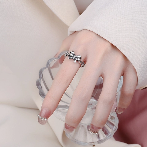 925 Sterlingsilber Retro Distressed Schleife Verstellbarer Offener Ring Für Damen Minimalistischer Vintage Modeschmuck Ring