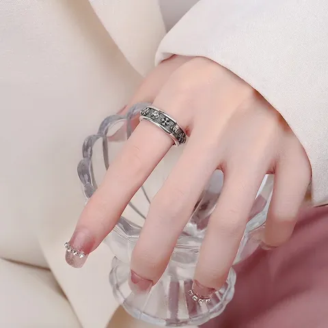 Anillo Abierto de Plata Tailandesa Vintage de Ley 925 para Hombre Mujer con Corona Gótica y Patrón de Cruz Joyería Punk Oxidada