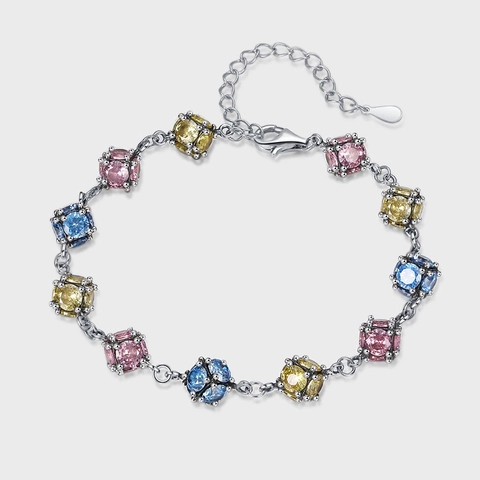 925 Sterling Silver Colorful Zirconia Bracelet Women Elegant Multi-Color Glass Ball Hand Chain Fashion Adjustable Jewelry