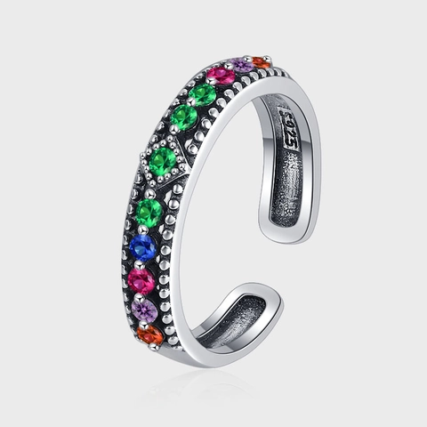 Vintage S925 Sterlingsilber Regenbogen Strass Offener Ring Für Damen Mehrfarbiger Stein Verstellbarer Fingerring Modeschmuck