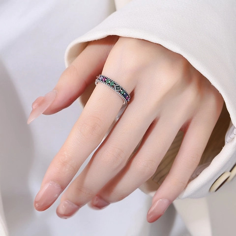 Vintage S925 Sterlingsilber Regenbogen Strass Offener Ring Für Damen Mehrfarbiger Stein Verstellbarer Fingerring Modeschmuck