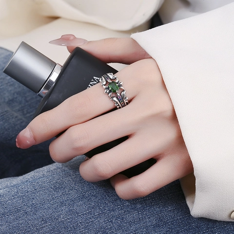 Anillo Abierto de Cruz de Plata de Ley 925 Vintage para Hombre Mujer Gothic Punk Piedra Verde Diamante de Imitación Multicolor