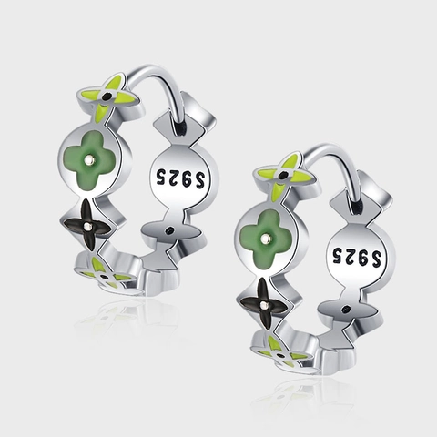 925 Sterling Silver Clover Enamel Hoop Earrings For Women French Vintage Colorful Flower Drip Glaze Earrings Jewelry Gift