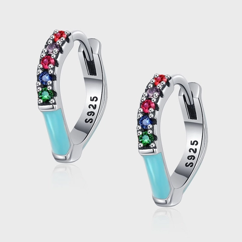 Vintage 925 Sterling Silver Rainbow Rhinestone Hoop Earrings French Niche Design Blue Enamel Drip Glue Jewelry For Women