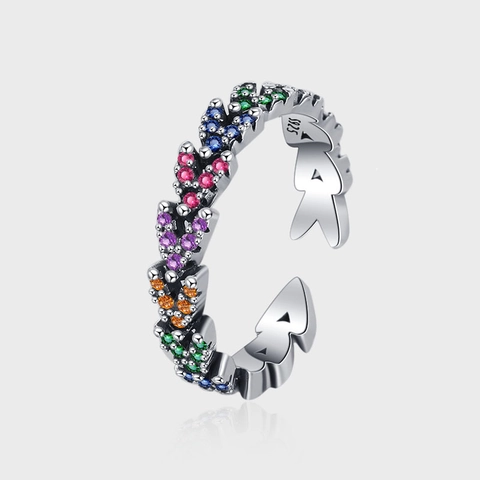 Anello Aperto Vintage in Argento Sterling 925 Con Cuore e Spiga di Grano Per Donna Con Strass Colorati Anticato Regolabile