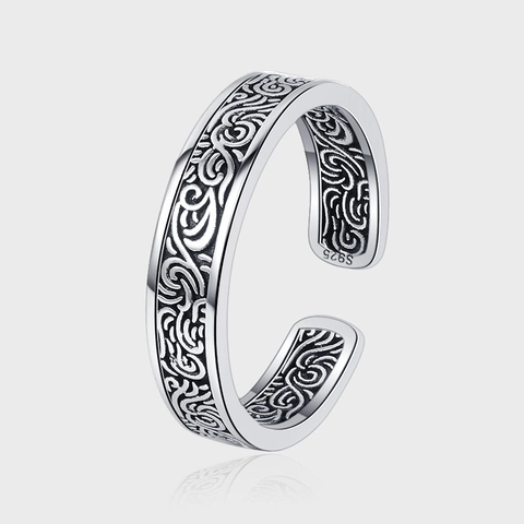 925 Sterling Silver Vintage Tang Grass Pattern Open Ring For Women Retro Antique Oxidized Adjustable Ethnic Finger Jewelry