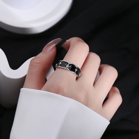 S925 Sterling Silver Open Ring For Women Men Gothic Punk Crown Cross Skull Black Enamel Adjustable Finger Ring Jewelry