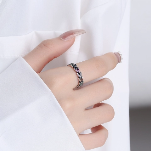 Anello Aperto Vintage in Argento Sterling 925 Con Cuore e Spiga di Grano Per Donna Con Strass Colorati Anticato Regolabile