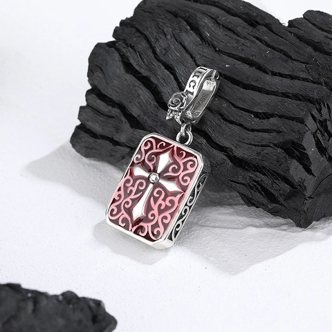 925 Sterling Silver Bohemian Cross Pendant Necklace For Women Vintage Enamel Flower Pattern Square Lucky Medal Jewelry