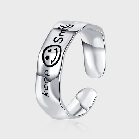 925 Sterling Zilver Keep Smile Letter Ring Voor Vrouwen Lachend Gezicht Open Verstelbare Ring Minimalistische Verouderde Vintage Sieraden