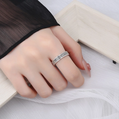 925 Sterling Silver Vintage Tang Grass Pattern Open Ring For Women Retro Antique Oxidized Adjustable Ethnic Finger Jewelry