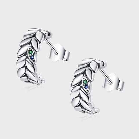 Vintage Orecchini a Bottone in Argento Sterling 925 a Forma di Foglia di Grano per Donna Strass Intarsiati Blu Verde Gioielli