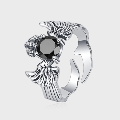 Anello in Argento Sterling 925 Vintage Gotico Corona Ali Con Strass Nero Invecchiato Aperto Regolabile Anello per Donna