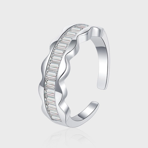 925 Sterling Zilveren Golvende Ring Voor Vrouwen Elegante Baguette Strass Verstelbare Open Ring Minimalistische Sieraden