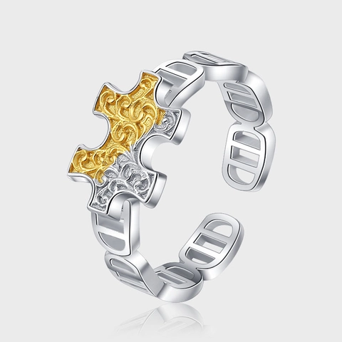 Retro S925 Silber Puzzle Offener Ring Damen Gold Silber Kontrast Geschnitztes Rankenmuster Verstellbarer H Buchstabe Ring