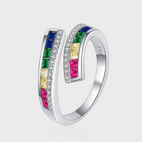 925 Sterling Silver Rainbow Zirconia Open Ring Platinum Plated Double Row Square Colored Gemstone Adjustable Ring For Women