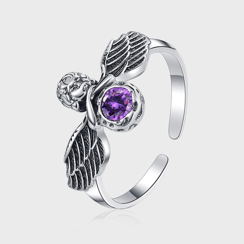 925 Sterling Silver Angel Wings Open Ring For Women Antique Distressed Purple Zirconia Inlaid Adjustable Finger Ring