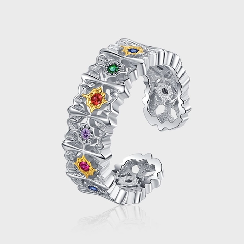 Bague en Argent Sterling S925 pour Femme Vintage Ajourée Étoile Texture Couleur Contrastée Strass Colorés Incrustés