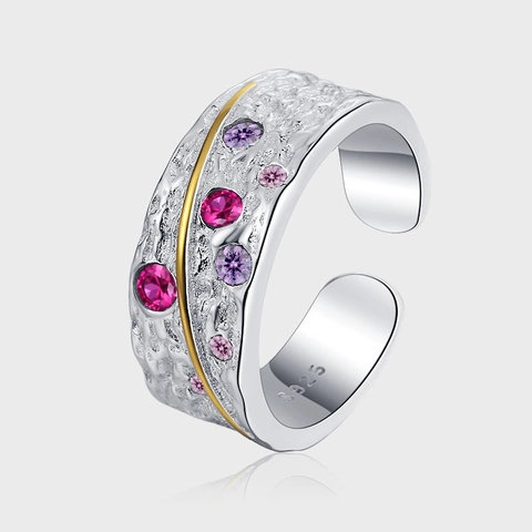 S925 Sterling Silver Van Gogh Starry Sky Open Ring For Women Vintage Hammered Multicolored Rhinestone Adjustable Jewelry Finger Ring