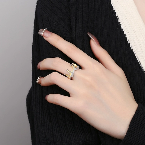 925 Sterling Zilver Tweekleurige Kroon Ring Voor Vrouwen Strass Reliëf Vintage Niche Ontwerp Verstelbare Open Ring Sieraden