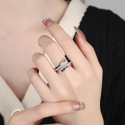 925 Sterling Silver Rainbow Zirconia Open Ring Platinum Plated Double Row Square Colored Gemstone Adjustable Ring For Women