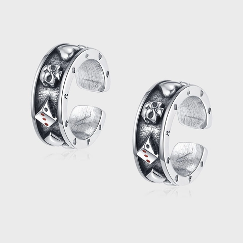 Vintage Punk 925 Sterling Silver Skull Dice Poker Pattern Stud Earrings Retro Gothic Heart Ear Clip Unisex Fashion Jewelry