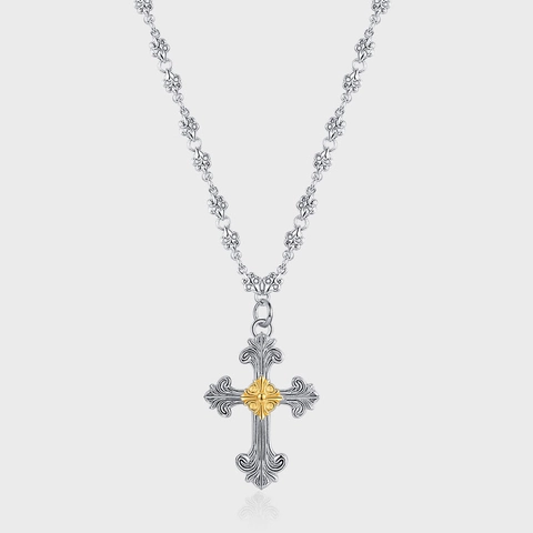 Collier Pendentif Croix Sculptée en Argent Sterling 925 Gothique Bicolore Motif de Vagues Chaîne de Pull Bijoux Mode Femme