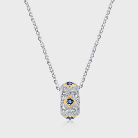 925 Sterling Silber Retro Chinesischer Stil Anhänger Halskette Für Damen Elegant Gold Kontrast Rundrohr Blau Strass Halskette