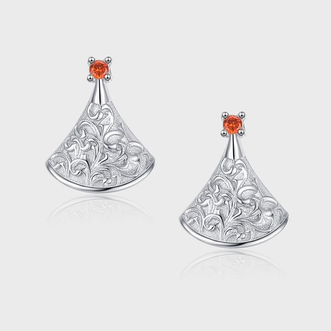 925 Sterlingsilber Fächerförmige Relief-Ohrstecker Mit Rotem Strass Vintage Chinesischer Stil Eleganter Schmuck Für Damen