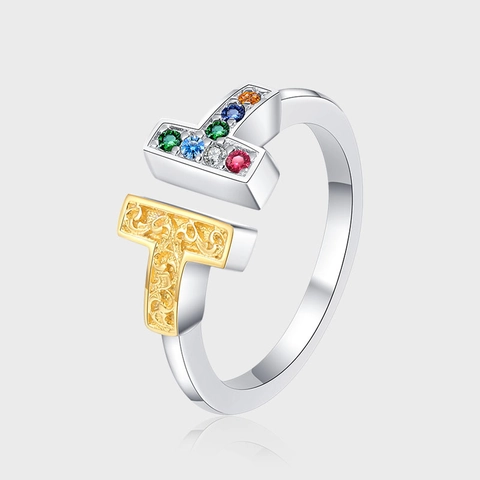 925 Sterling Silver Double T Opening Ring Gold Silver Two-tone Multicolor Zirconia Relief Tang Grass Pattern Jewelry