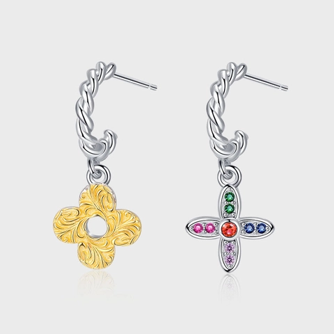 Vintage 925 Sterlingsilber Asymmetrische Ohrringe Damen Gold Silber Kontrast Rankenmuster Blume Strass Ohrringe