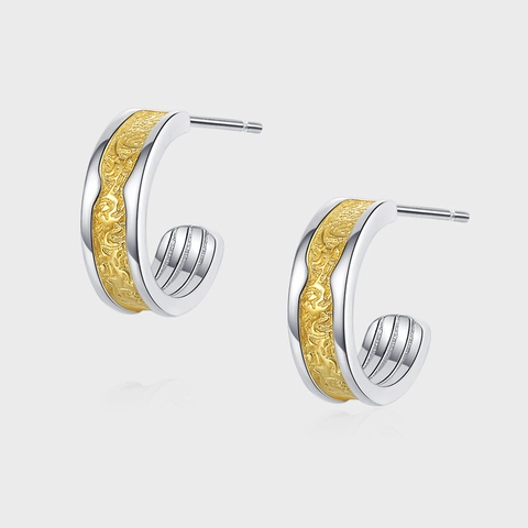 Orecchini a Bottone a Forma di C in Argento Sterling S925 Bicolore con Rilievo Geometrico per Donna Gioielli Minimalisti Chic