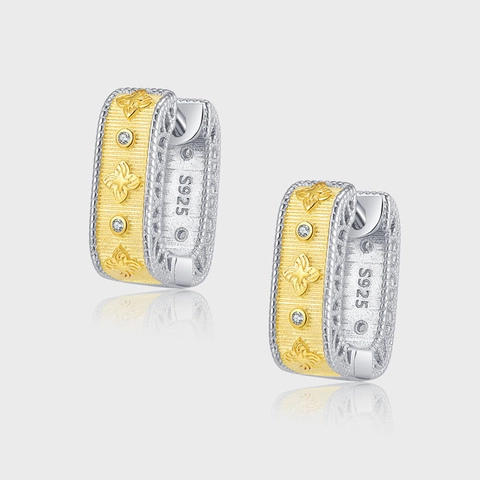 Orecchini a Cerchio Quadrifoglio in Argento Sterling 925 con Strass per Donna Gioielli Geometrici a Contrasto Oro Argento