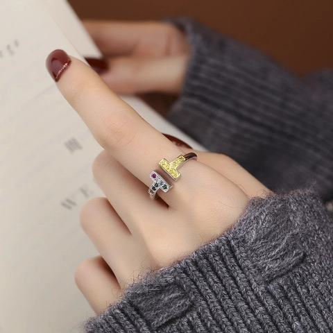 925 Sterling Silver Double T Opening Ring Gold Silver Two-tone Multicolor Zirconia Relief Tang Grass Pattern Jewelry
