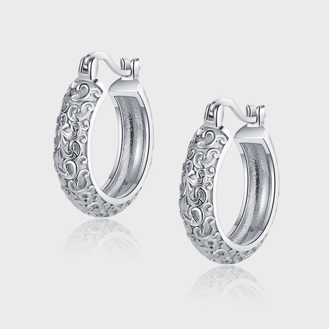 925 Sterling Zilver Tang Gras Reliëf Hoop Oorbellen Voor Vrouwen Retro Chinese Stijl Gegraveerde Bloem Textuur Sieraden