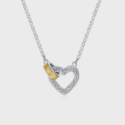 Collar con Colgante de Corazón y Círculo Entrelazados Bicolor de Plata de Ley S925 Joyería de Cadena de Clavícula con Patrón Tang