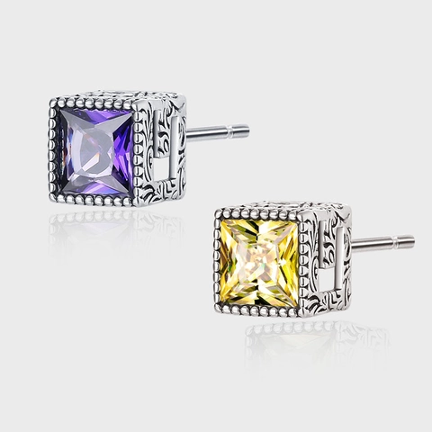 Boucles d'Oreilles Clous Carrées en Argent Sterling 925 Vintage pour Femmes Retro Sculpté Strass Incrusté Bijoux