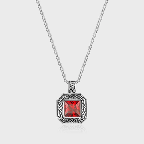 Vintage Pendant Necklace With Square Red Gemstone 925 Sterling Silver Retro Carved Octagonal Hip Hop Style For Women