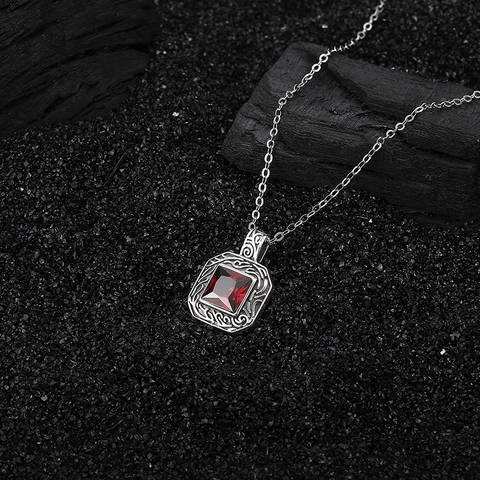 Vintage Pendant Necklace With Square Red Gemstone 925 Sterling Silver Retro Carved Octagonal Hip Hop Style For Women