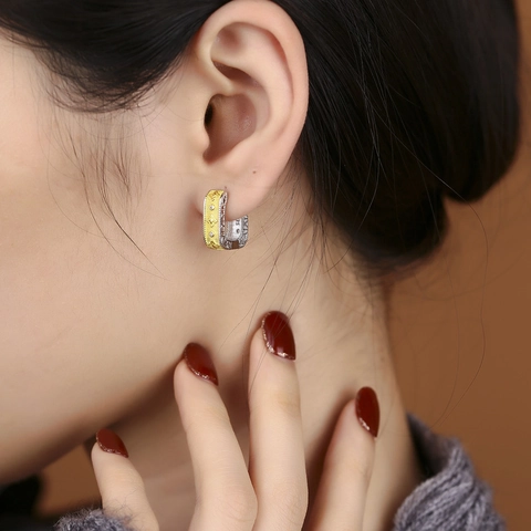Orecchini a Cerchio Quadrifoglio in Argento Sterling 925 con Strass per Donna Gioielli Geometrici a Contrasto Oro Argento