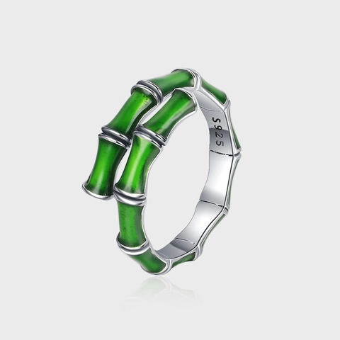 Anillo de Bambú Verde de Plata de Ley S925 Vintage Oriental Esmalte Anillo Abierto Ajustable Joyería Minimalista Regalo para Mujer