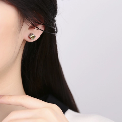 Boucles d'Oreilles Clous Carrées en Argent Sterling 925 Vintage pour Femmes Retro Sculpté Strass Incrusté Bijoux