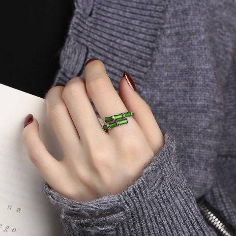 Anillo de Bambú Verde de Plata de Ley S925 Vintage Oriental Esmalte Anillo Abierto Ajustable Joyería Minimalista Regalo para Mujer
