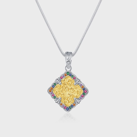 925 Sterling Silver Arabesque Pattern Pendant Necklace Vintage Two-tone Colorful Rhinestone Square Geometric Jewelry For Women