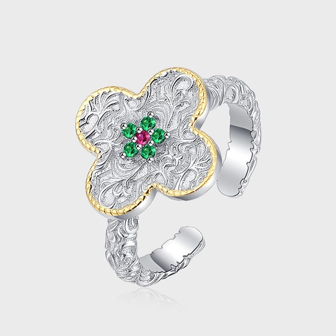 Anello Quadrifoglio in Argento Sterling 925 con Rilievo Erba Tang per Donna Bicolore Oro Vintage Strass Anello Regolabile Gioielli