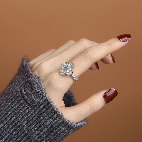 Anello Quadrifoglio in Argento Sterling 925 con Rilievo Erba Tang per Donna Bicolore Oro Vintage Strass Anello Regolabile Gioielli