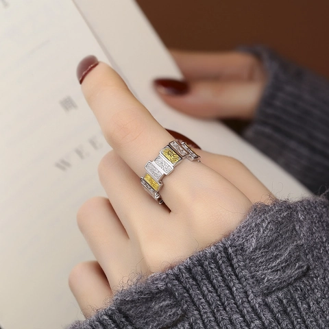 Bague Ouverte Réglable en Argent Sterling S925 Bicolore Motif de Graminées pour Femmes Bijoux de Doigt Élégants Vintage Cadeau