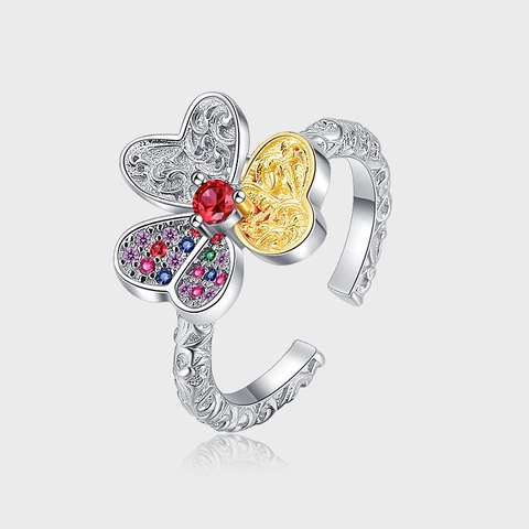 925 Sterling Silver Contrast Color Clover Flower Adjustable Open Ring For Women Vintage Rhinestone Inlaid Fashion Ring Jewelry